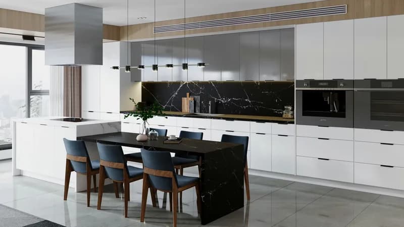 Slab style kitchen cabinets