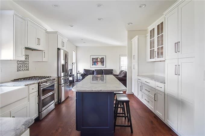JSI Trenton kitchen with navy island