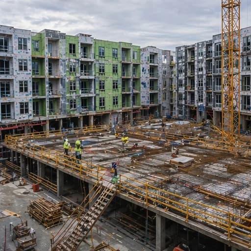 Aerial view of multi-story building under construction showing concrete deck