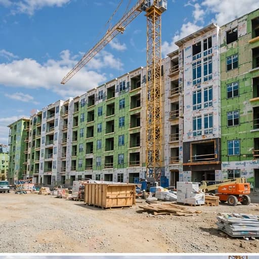 Multi-story residential building under construction with tower crane