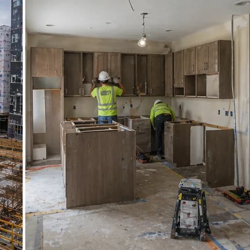 Workers installing kitchen cabinets in a unit under construction