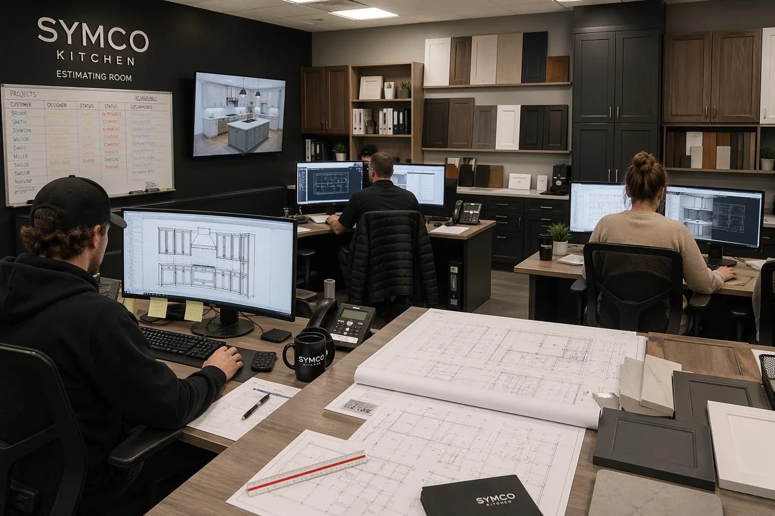 Symco Kitchens estimating room — dedicated project team working on builder blueprints