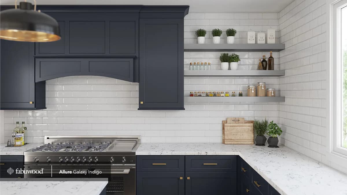 Fabuwood Allure Galaxy Indigo navy kitchen with gold hardware Fabuwood Allure Galaxy Indigo navy kitchen with gold hardware