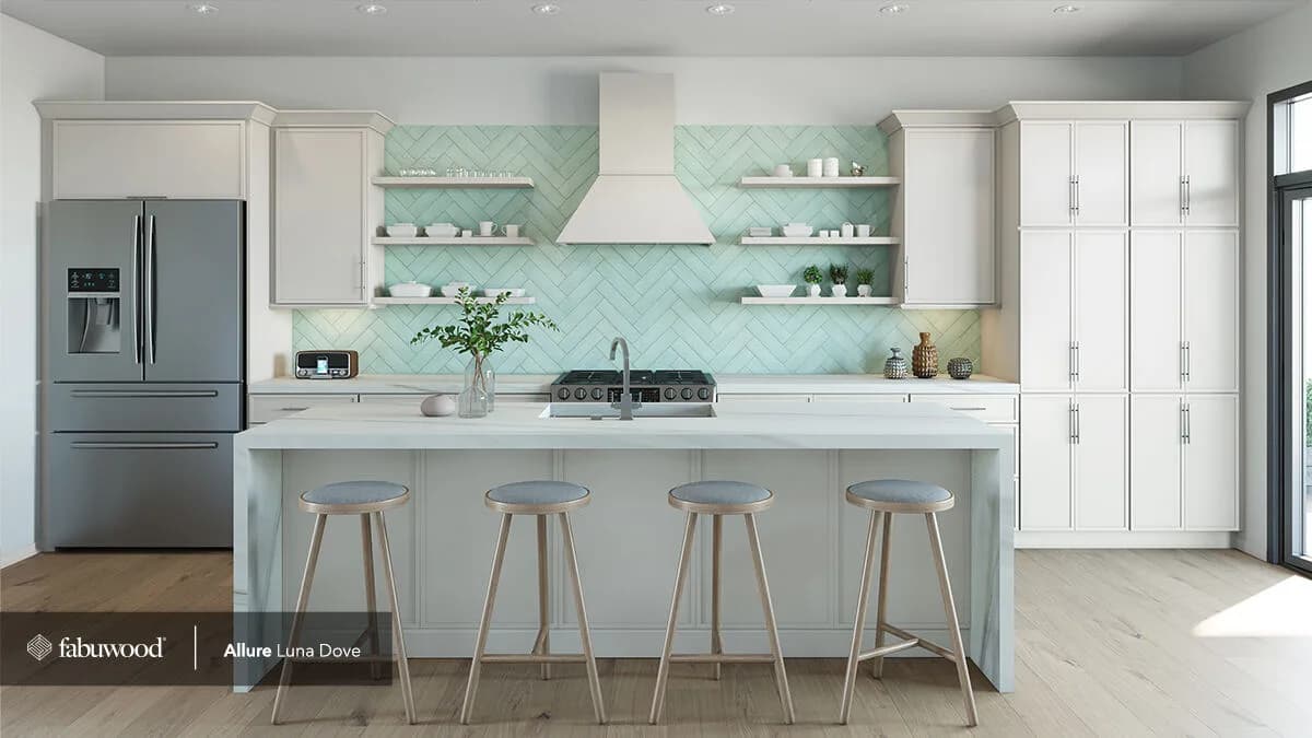 Fabuwood Allure Luna Dove white kitchen with open shelving Fabuwood Allure Luna Dove white kitchen with open shelving